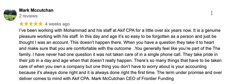 akif cpa 5 star google review